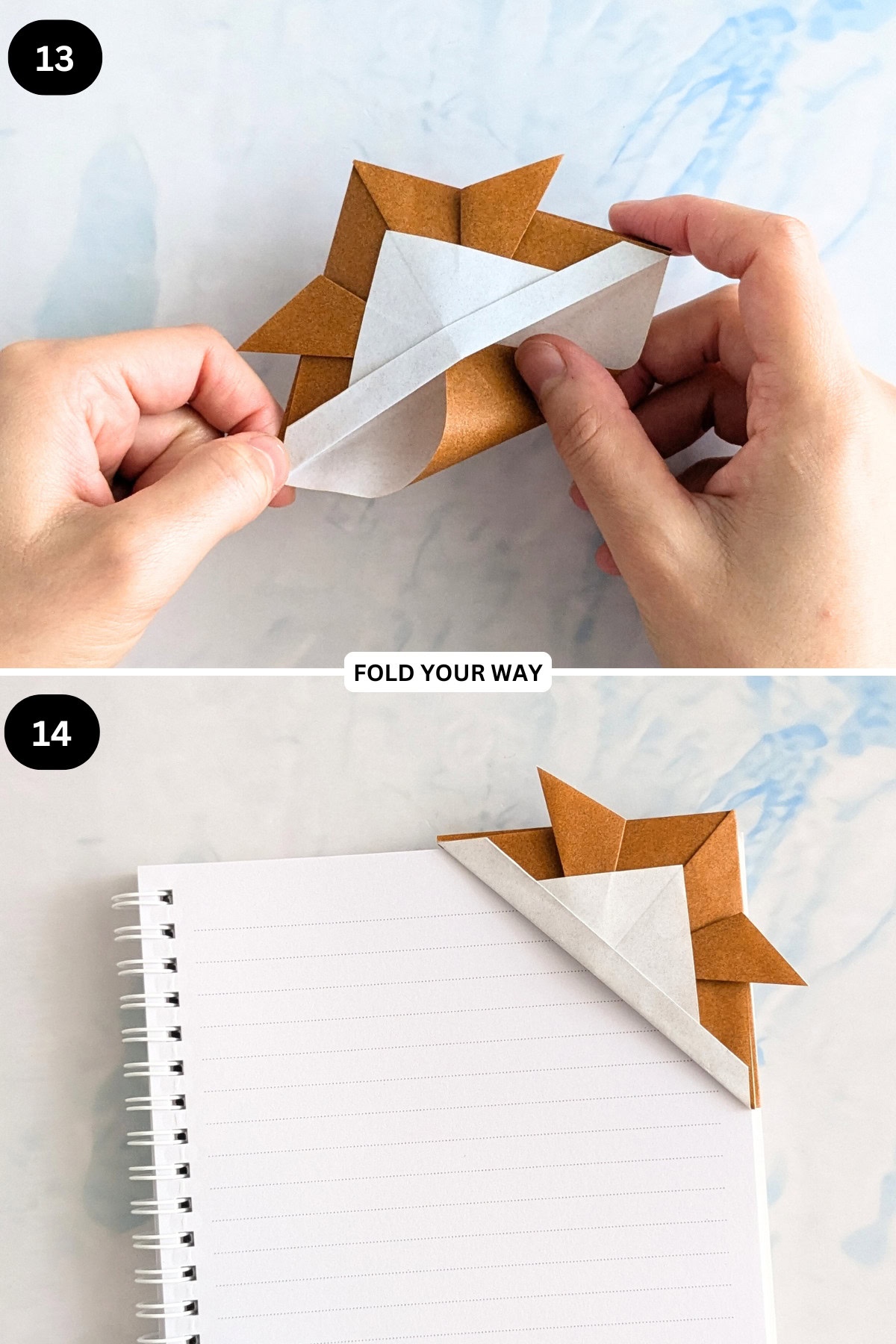 Steps 13 to 14 for folding a samurai hat bookmark.