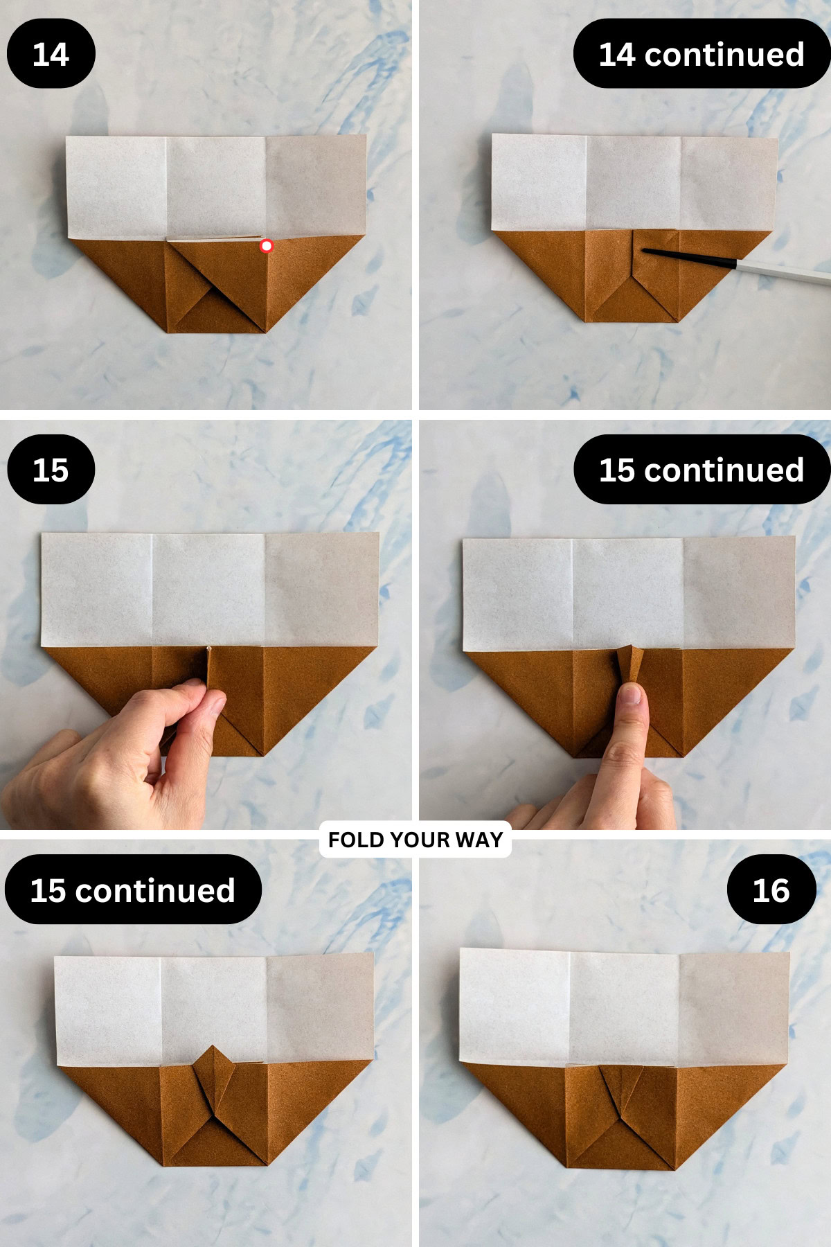 Steps 14 to 16 for folding mini paper gift bags.