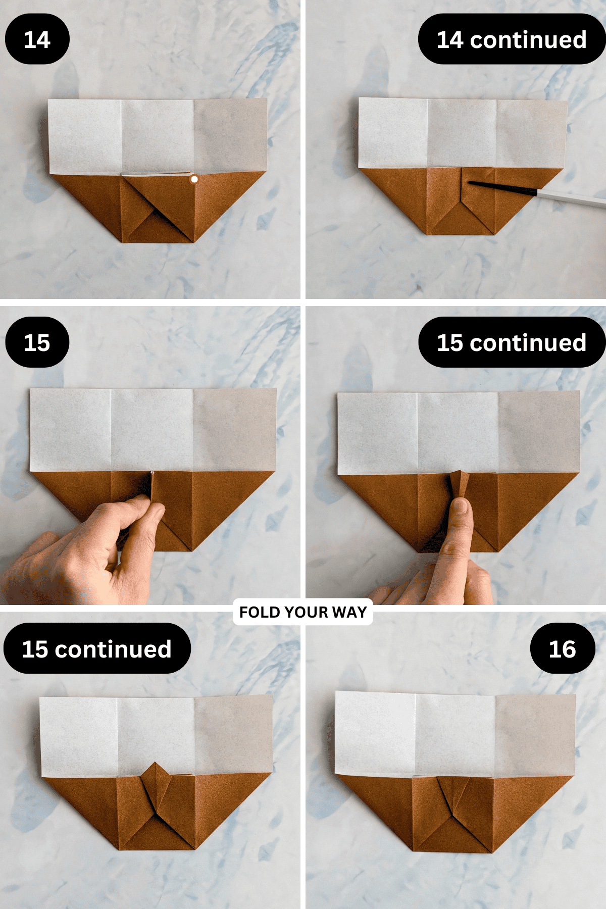 Steps 14 to 16 for folding mini paper gift bags.