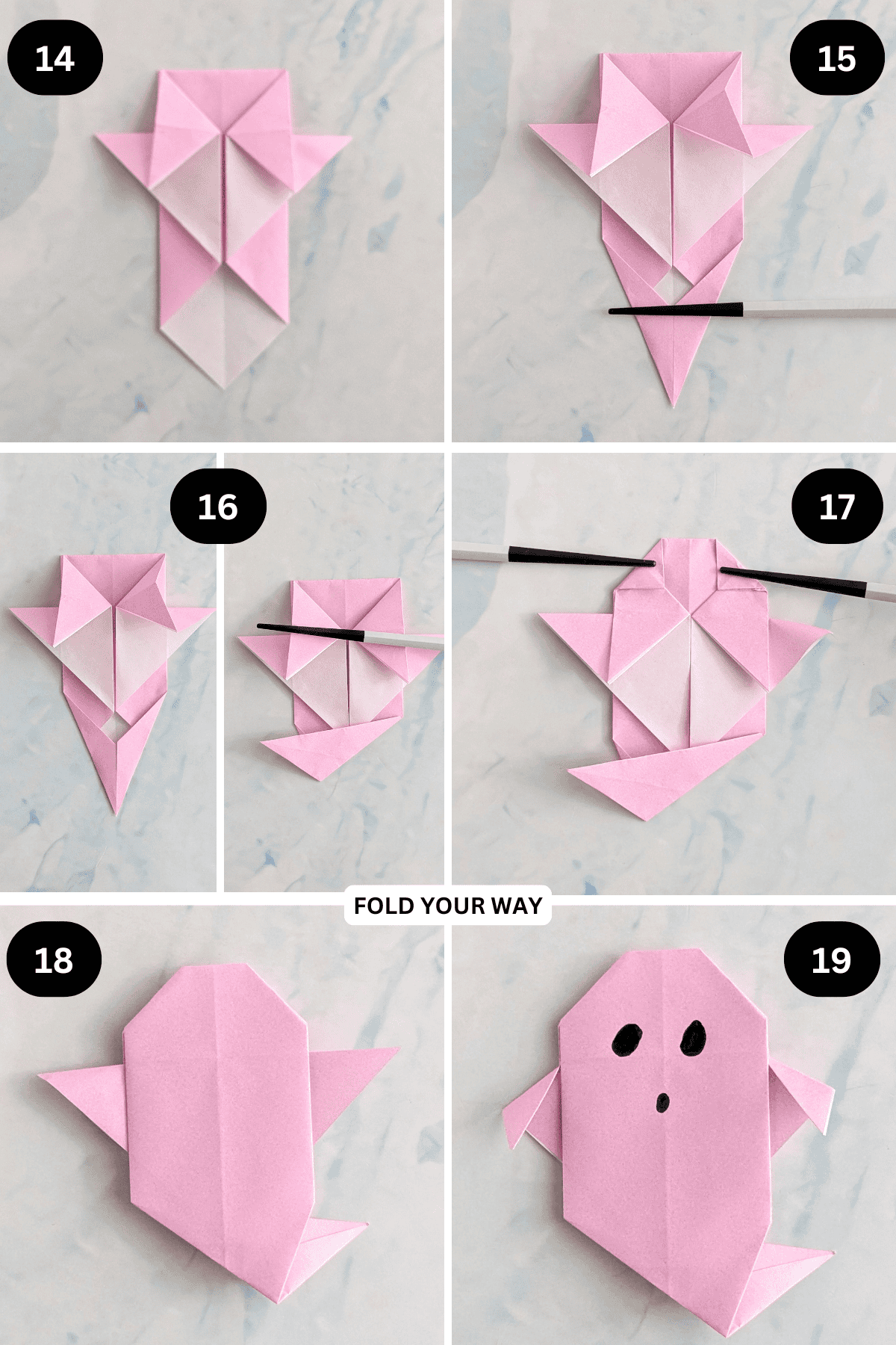 Steps 14 to 19 for folding an origami ghost.
