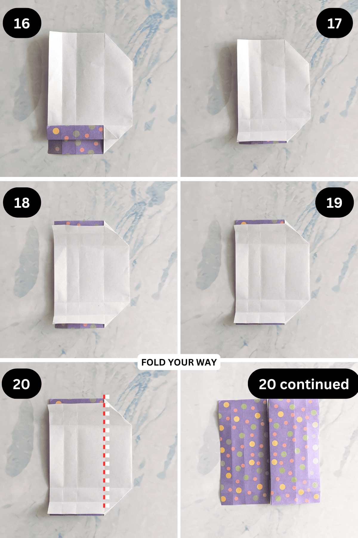 Steps 16 to 20 for folding an origami tray.