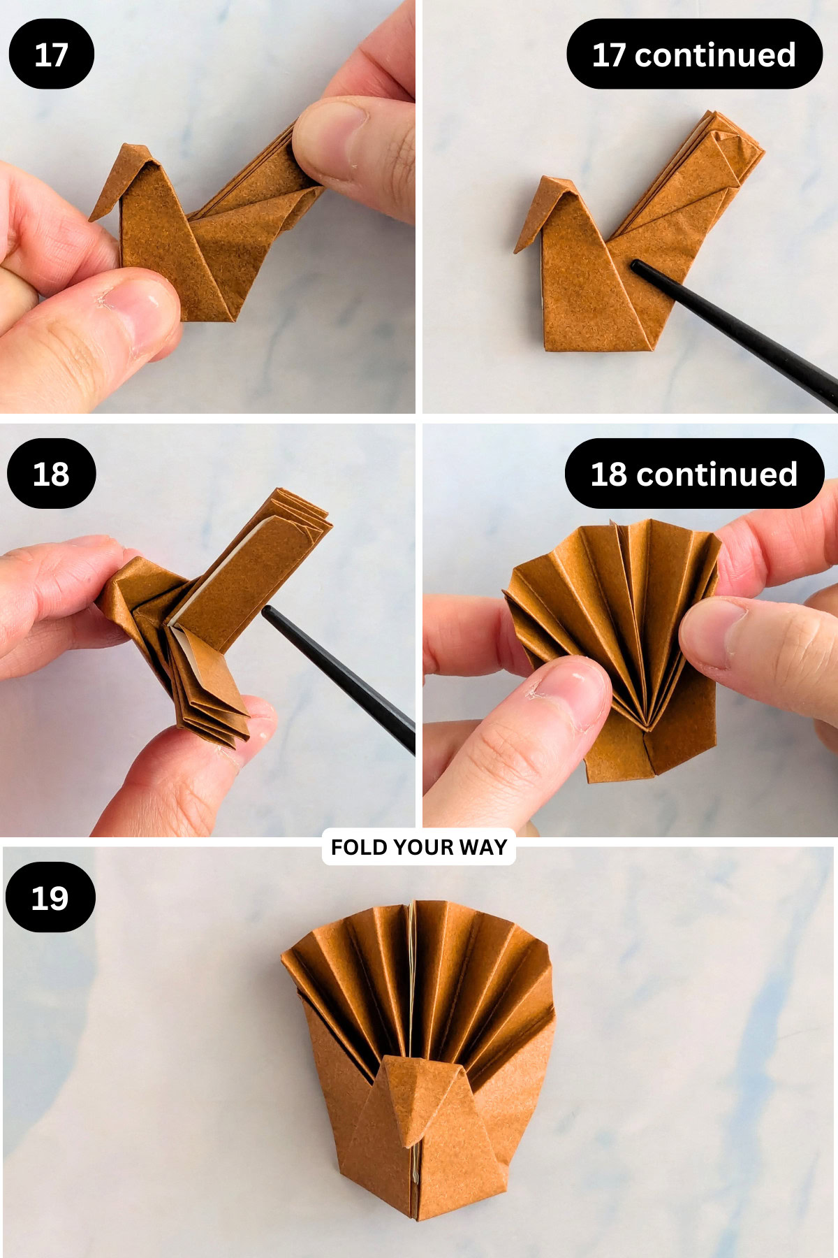 Steps 17 to 19 for folding an origami turkey.