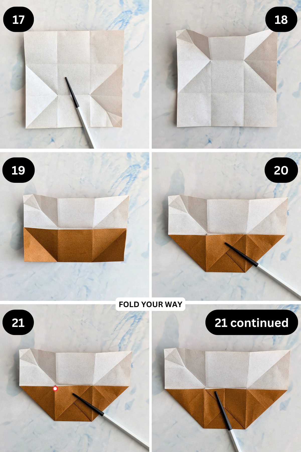 Steps 17 to 21 for folding mini paper gift bags.