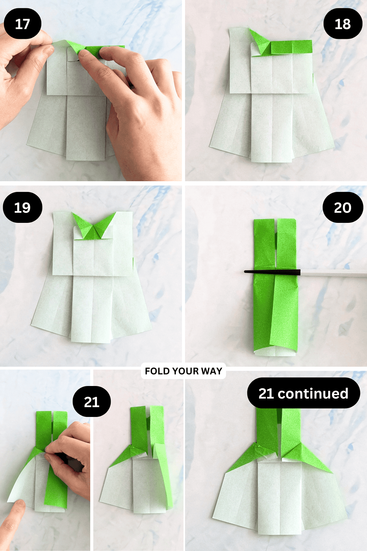 Steps 17 to 21 for folding an easy origami dress.