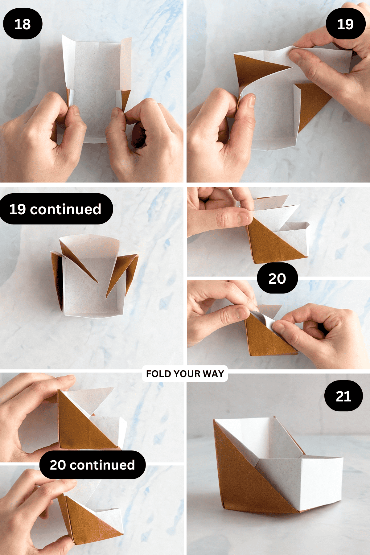 Steps 18 to 21 for folding an origami desk organizer.