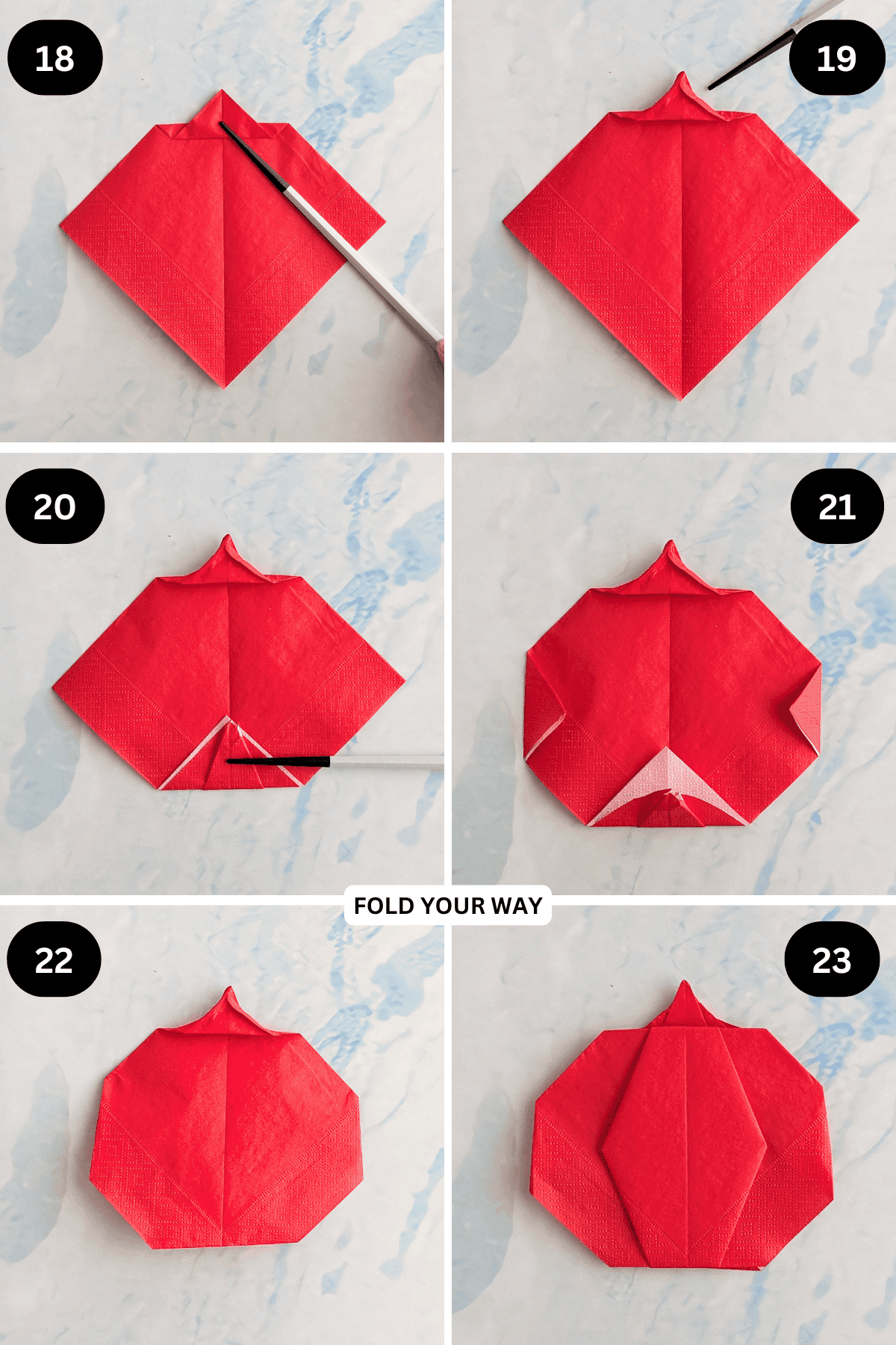Steps 18 to 23 for folding pumpkin shaped napkins.