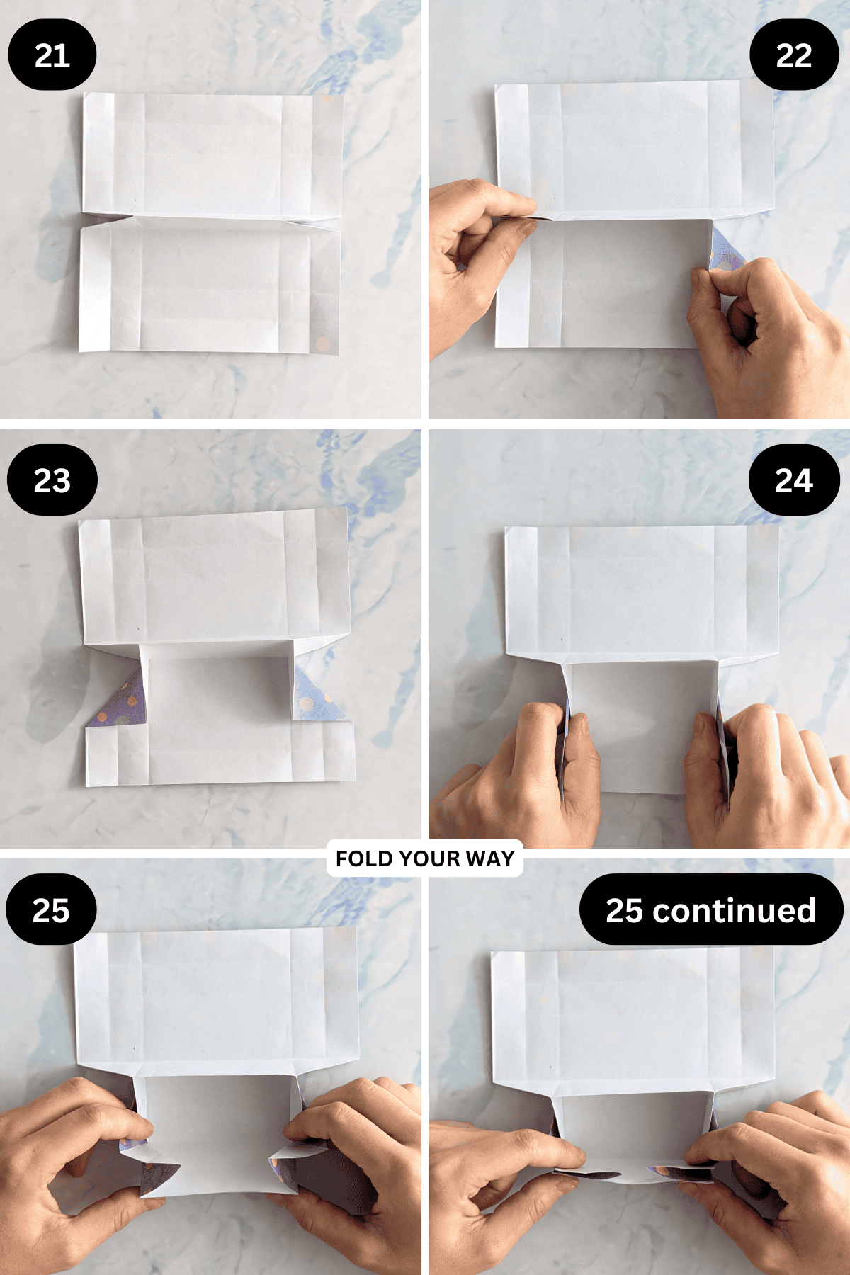 Steps 21 to 25 for folding an origami tray.