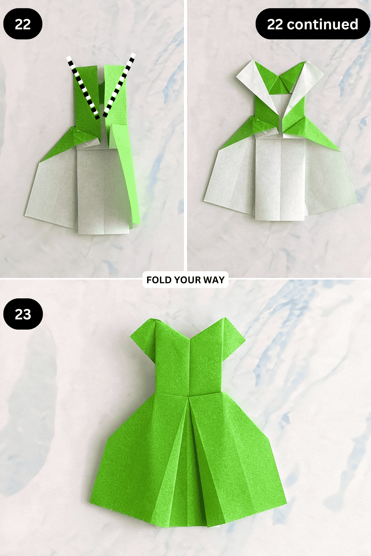 Steps 22 to 23 for folding an easy origami dress.