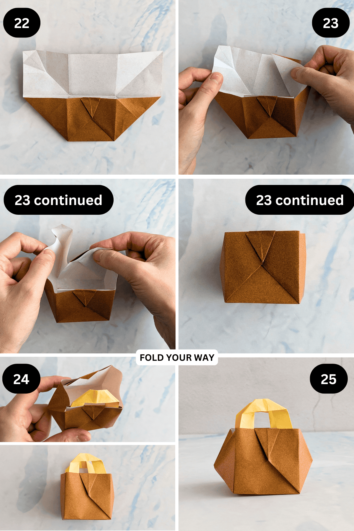 Steps 22 to 25 for folding mini paper gift bags.