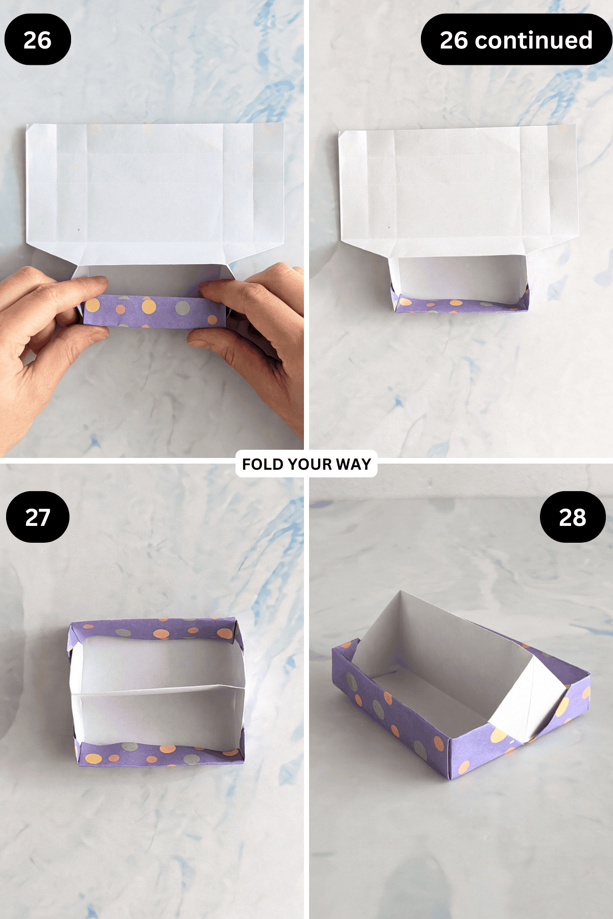 Steps 26 to 28 for folding an origami tray.