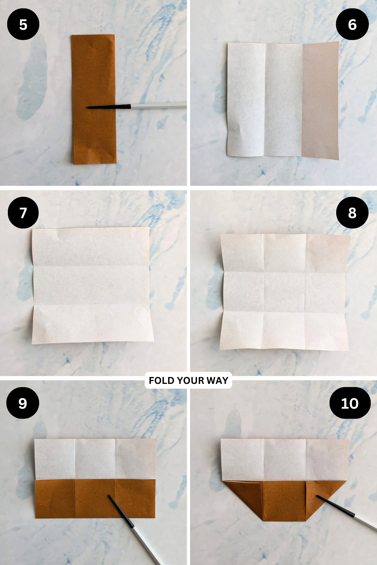 Steps 5 to 10 for folding mini paper gift bags.