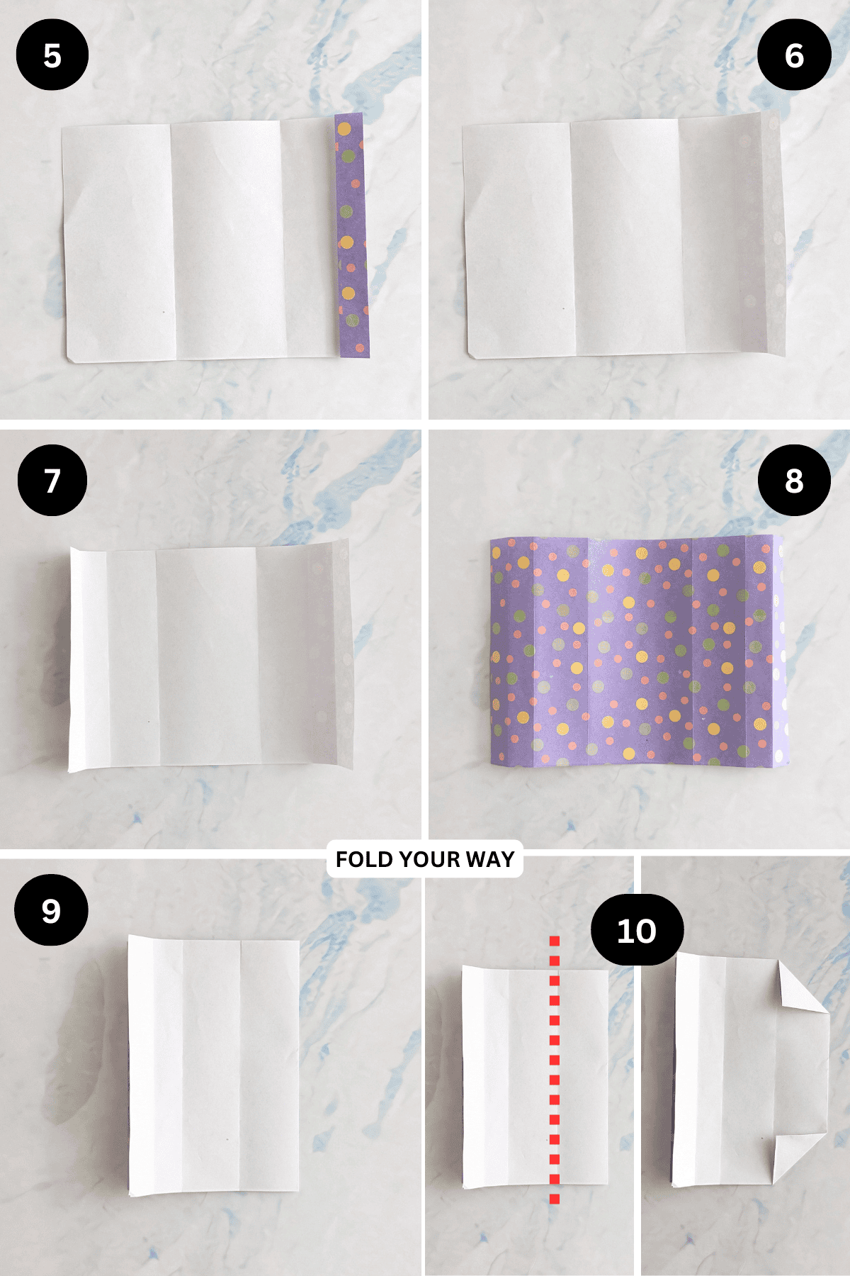 Steps 5 to 10 for folding an origami tray.