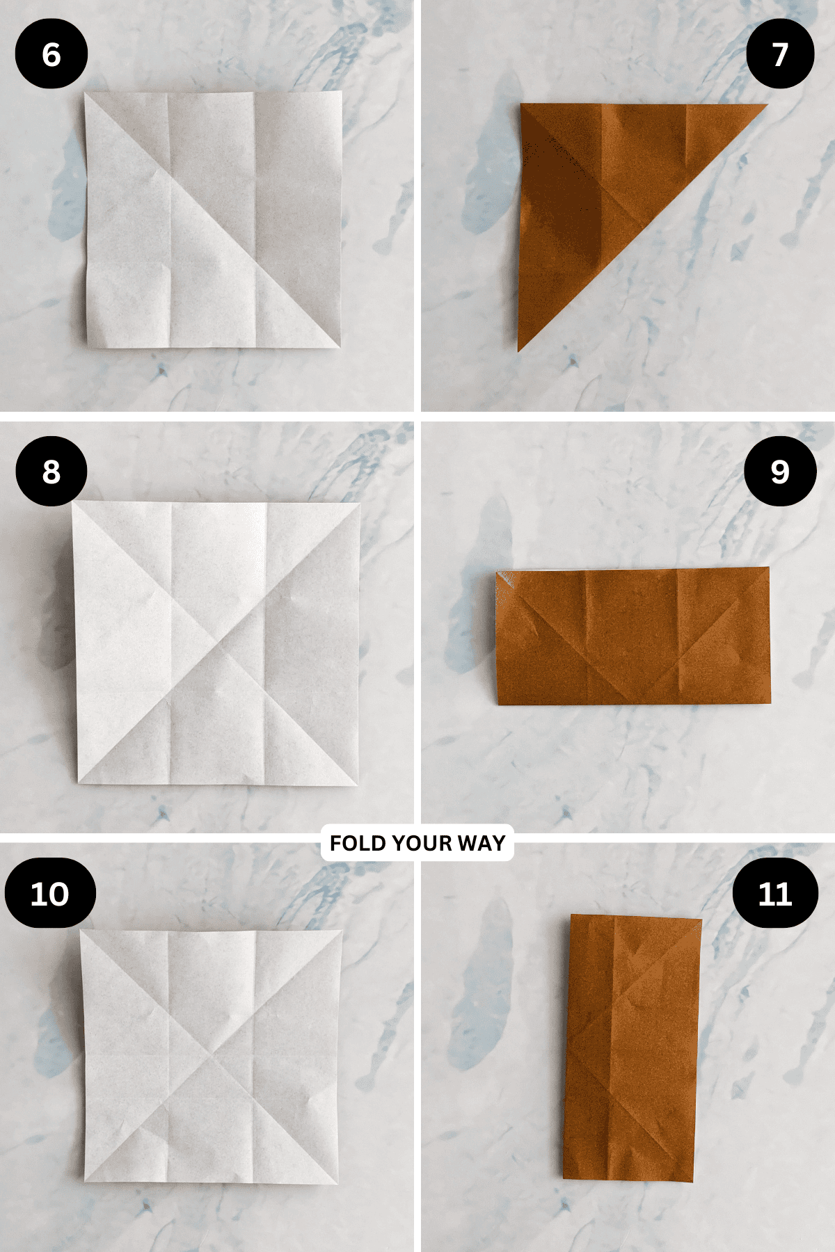 Steps 6 to 11 for folding an origami desk organizer.