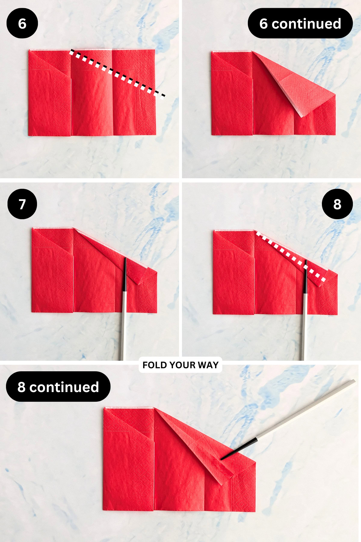 Steps 6 to 8 for folding a pleated pocket napkin fold.