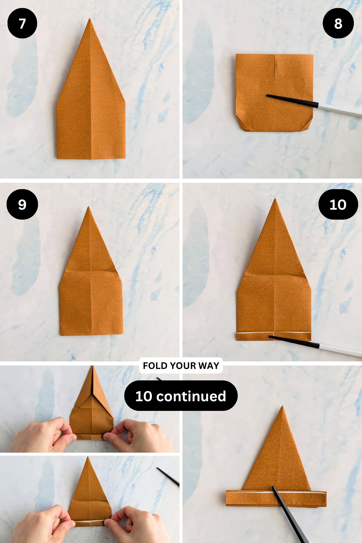 Steps 7 to 10 for folding an origami turkey.