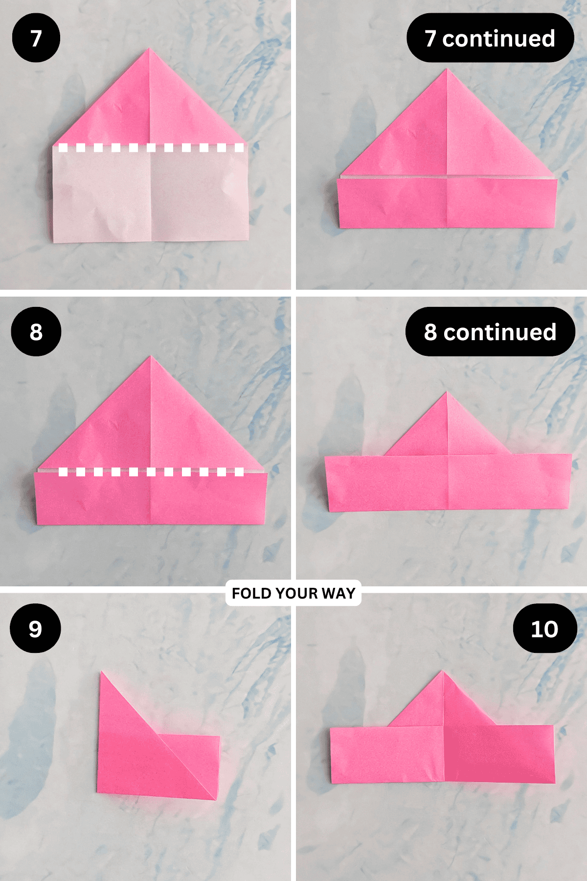 Steps 7 to 10 for folding a paper crown.