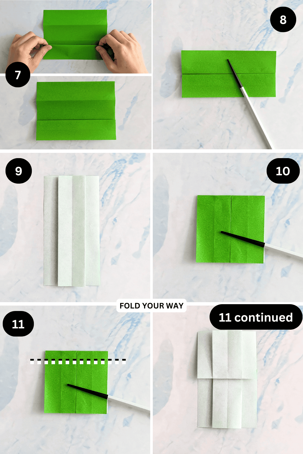 Steps 7 to 11 for folding an easy origami dress.