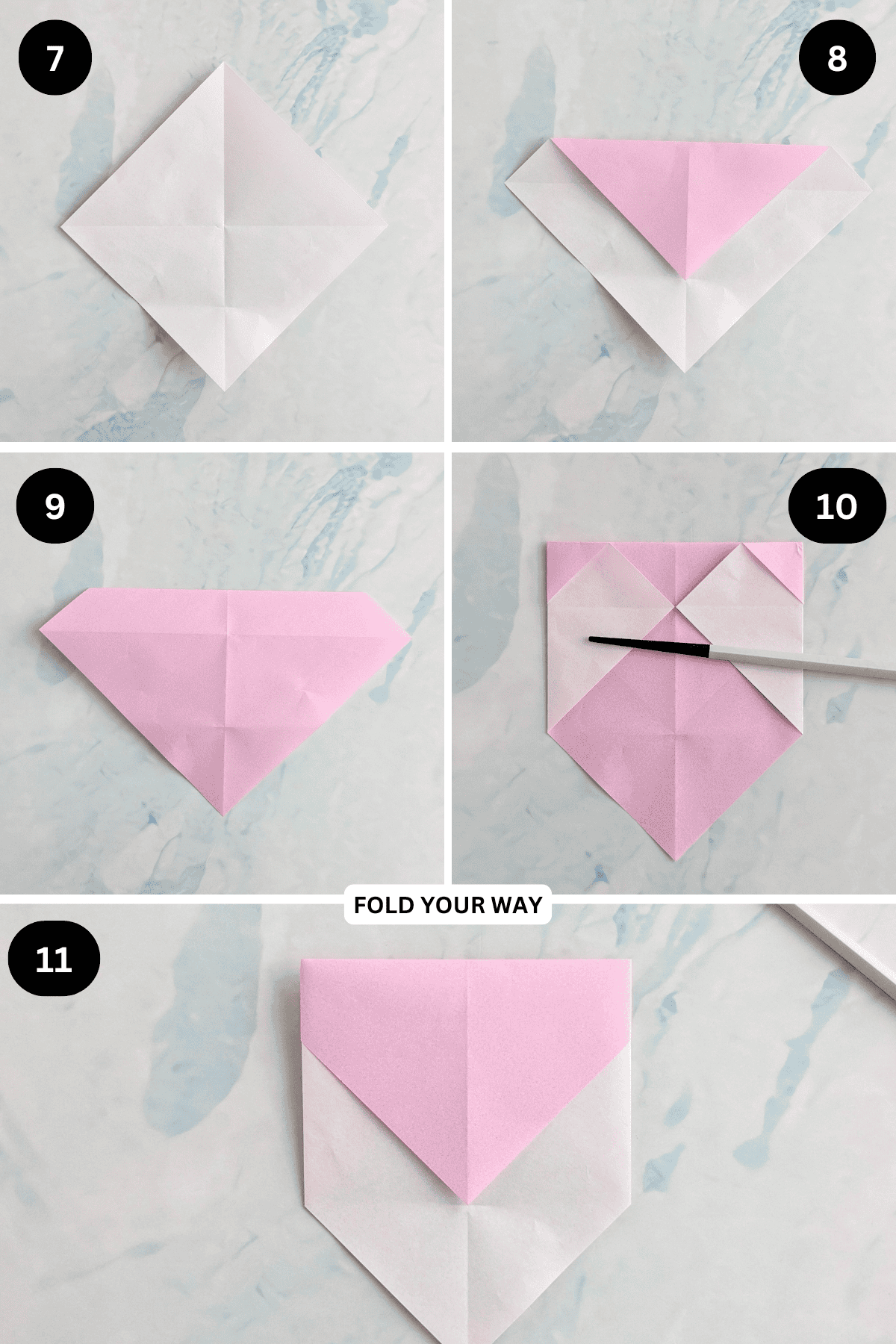 Steps 7 to 11 for folding an origami ghost.