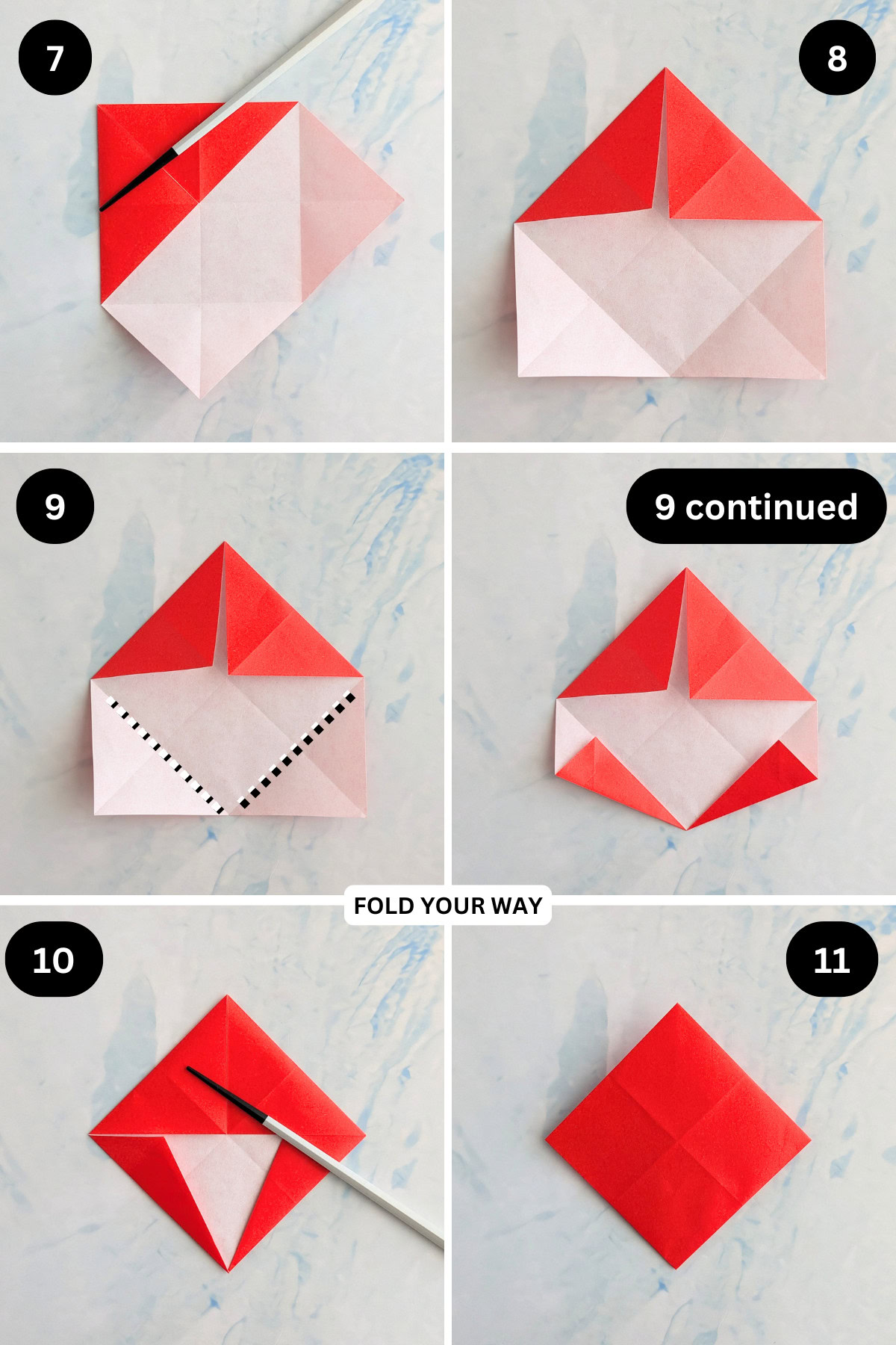 Steps 7 to 11 for folding an origami Santa box.