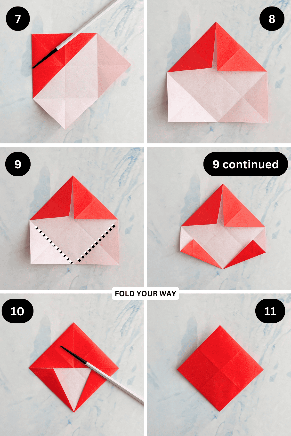 Steps 7 to 11 for folding an origami Santa box.
