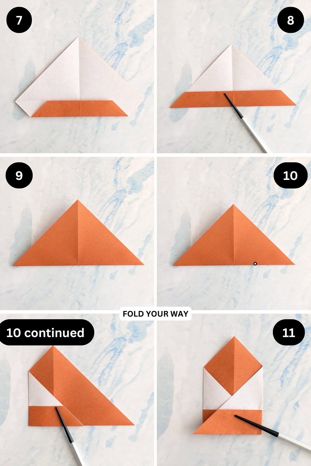 Steps 7 to 11 for folding an origami acorn.