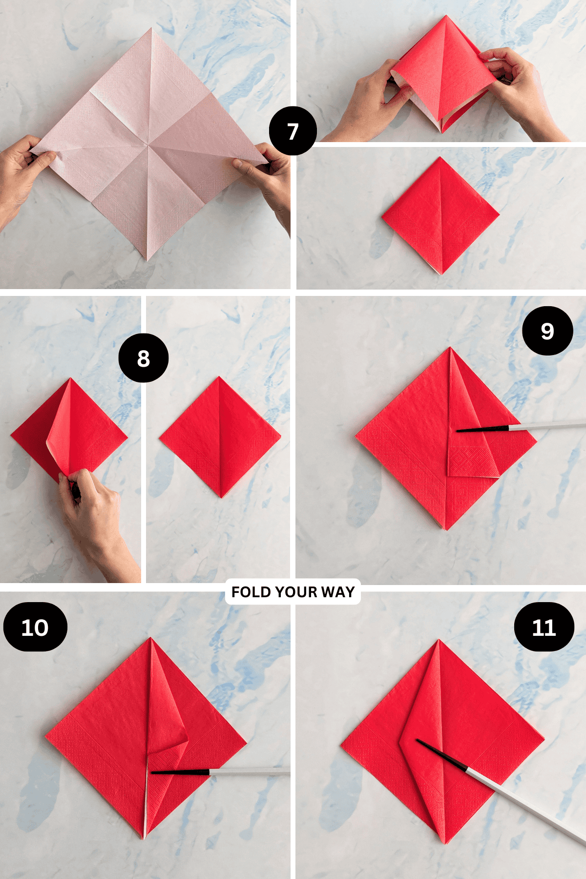 Steps 7 to 11 for folding pumpkin shaped napkins.