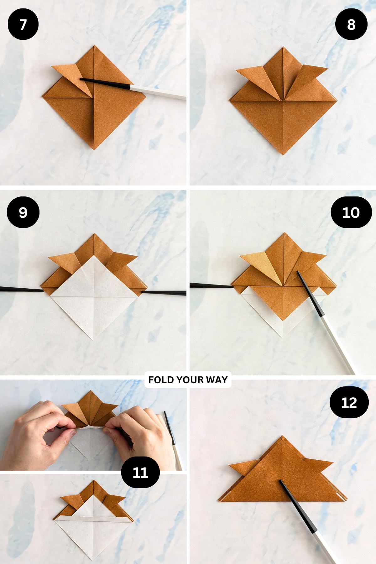Steps 7 to 12 for folding a samurai hat bookmark.
