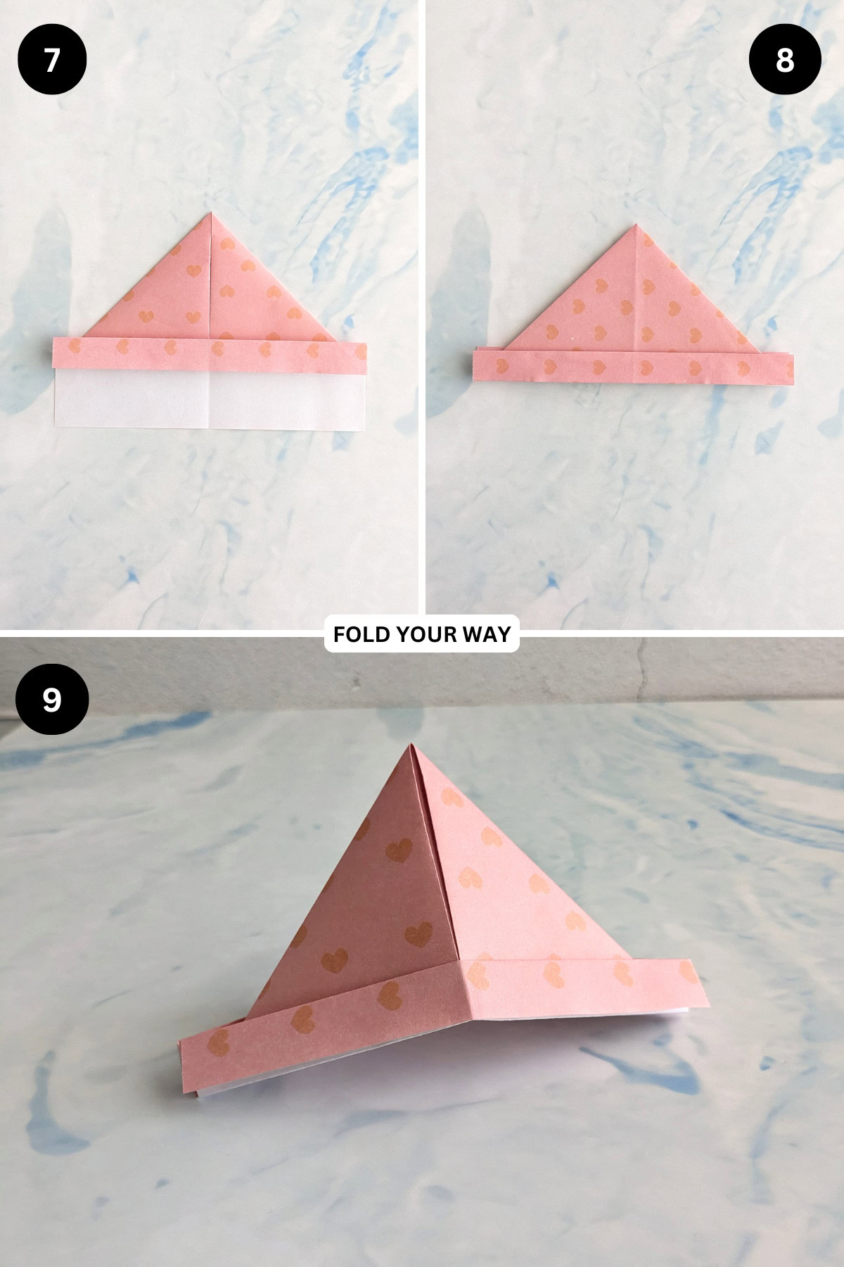 Steps 7 to 9 for folding an origami hat.
