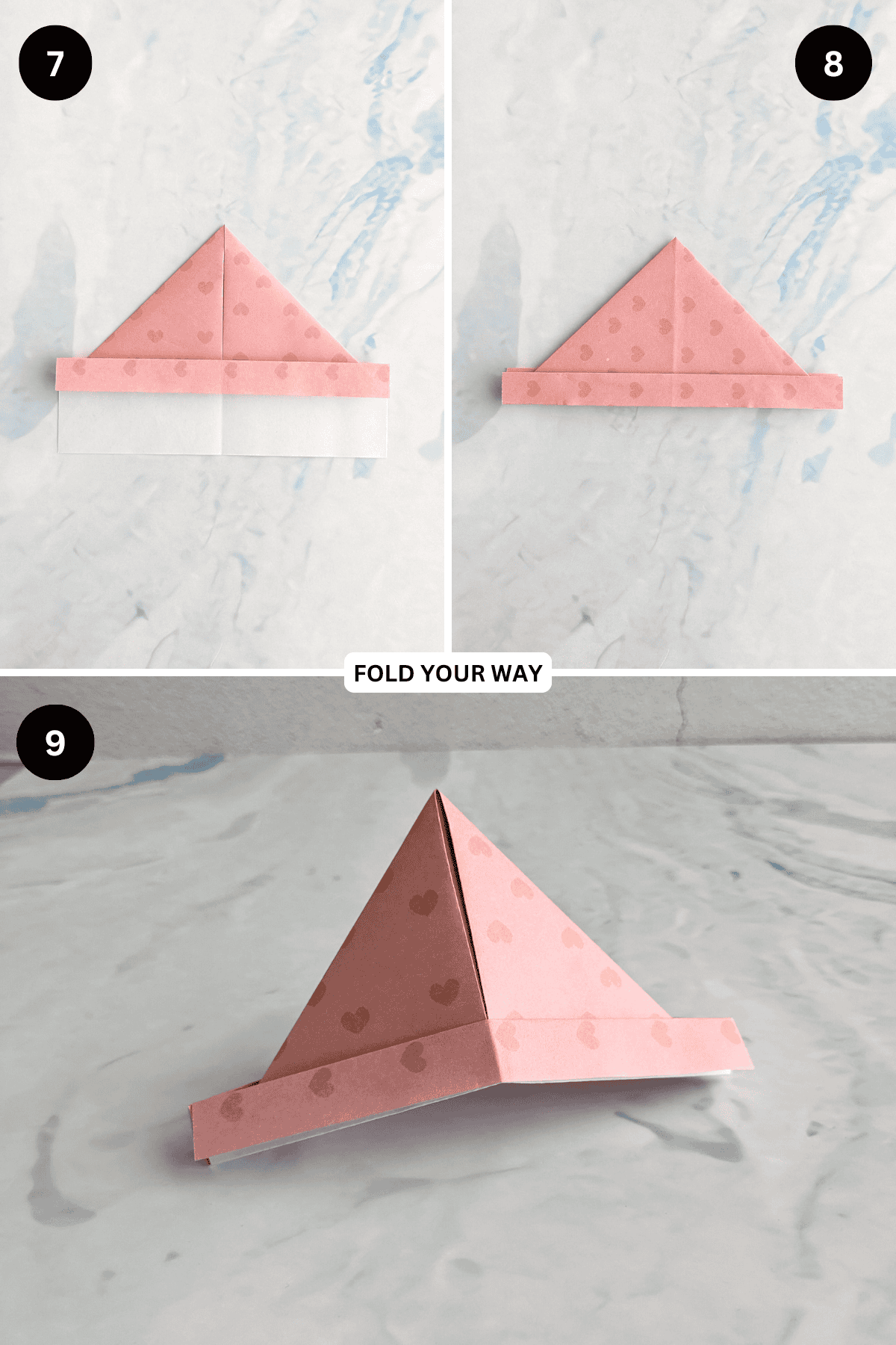 Steps 7 to 9 for folding an origami hat.