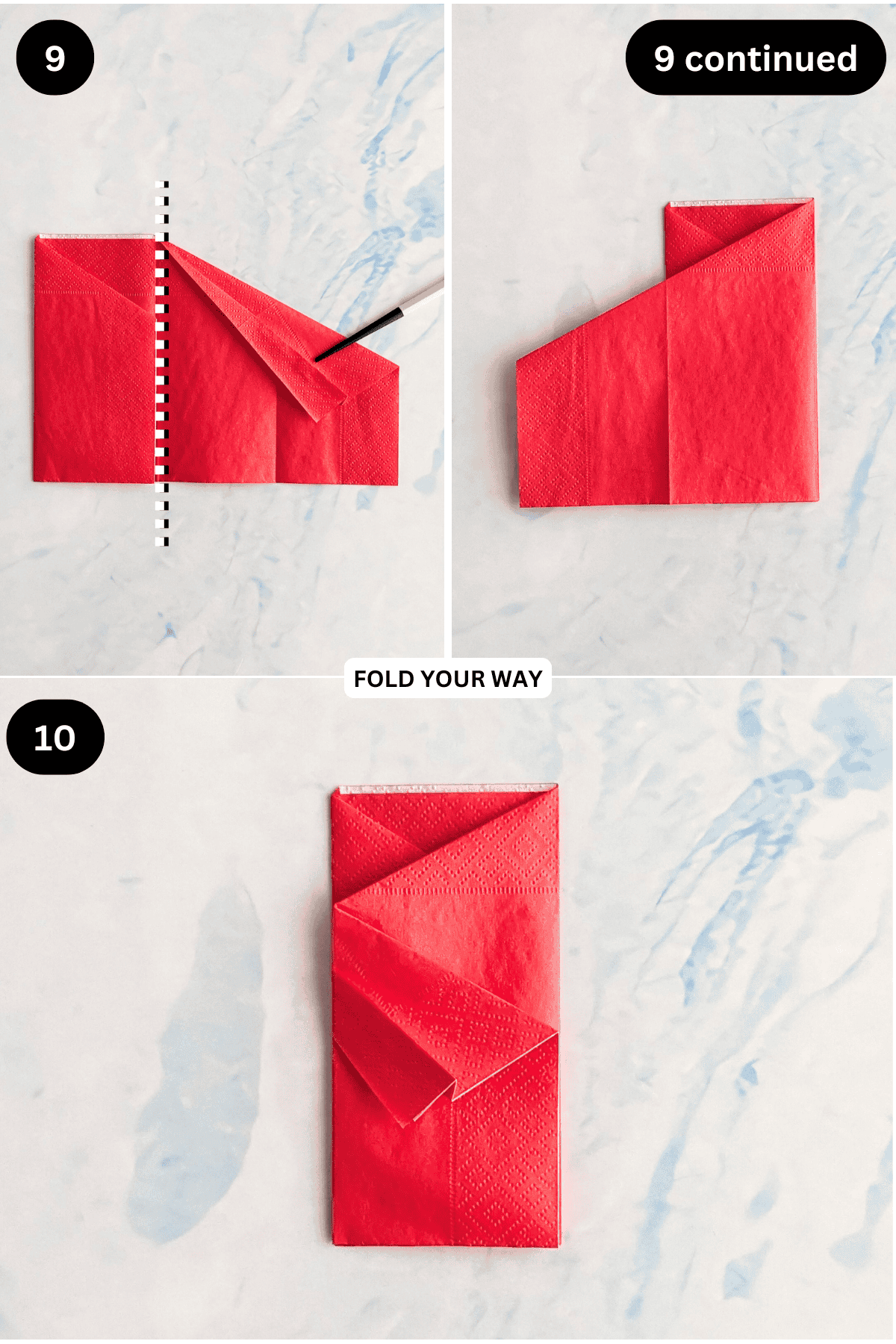 Steps 9 to 10 for folding a pleated pocket napkin fold.