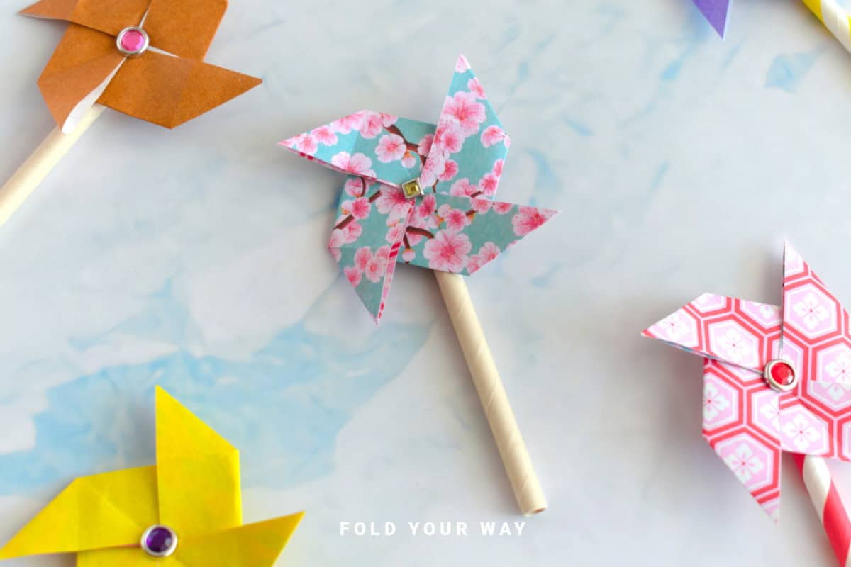 Close up image of origami pinwheels.