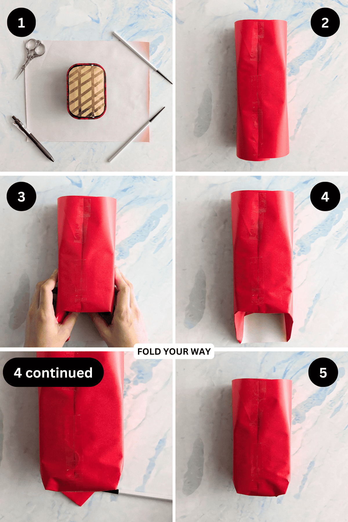 Steps 1 to 5 for wrapping a gift.