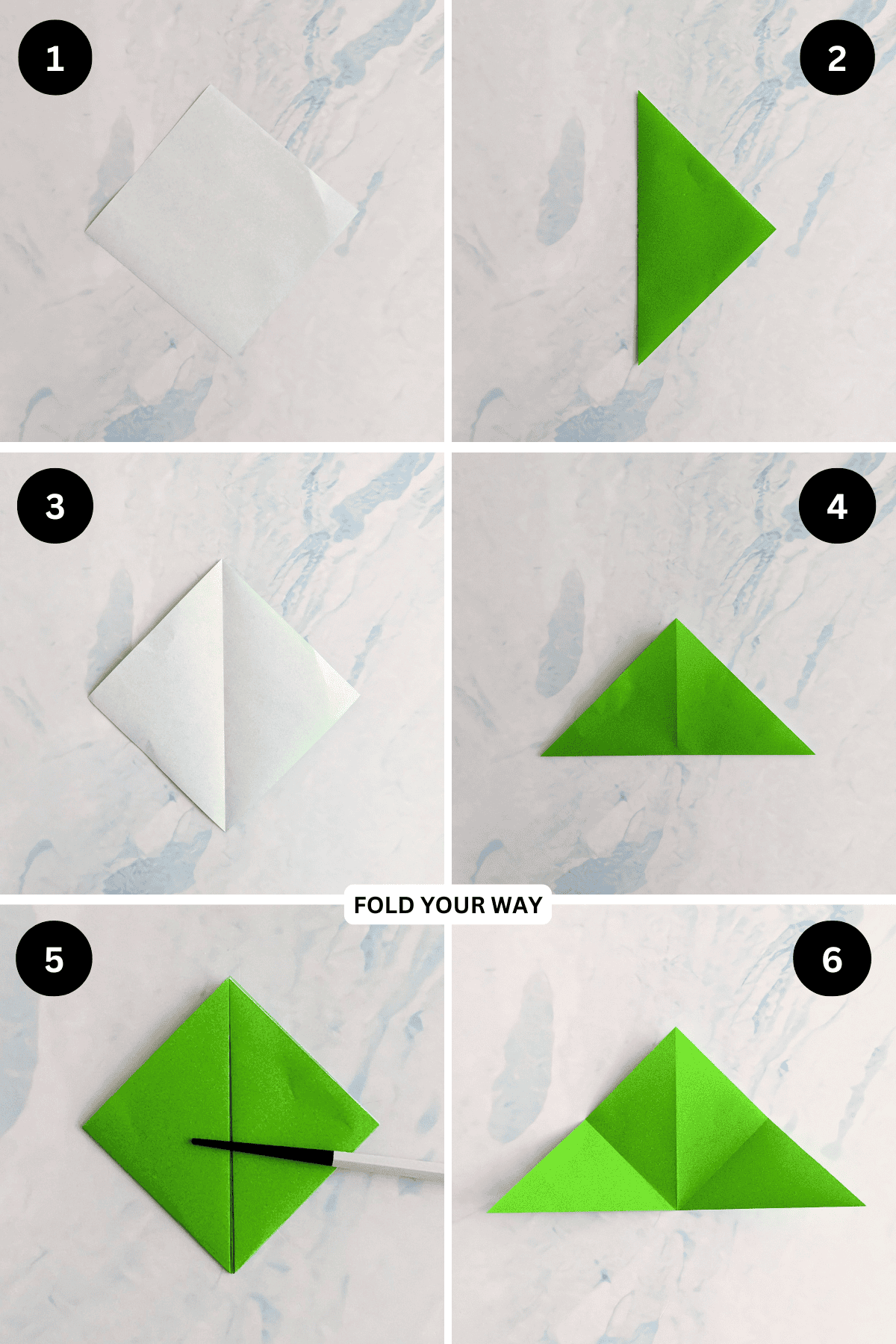 Steps 1 to 6 for folding a crane bookmark.