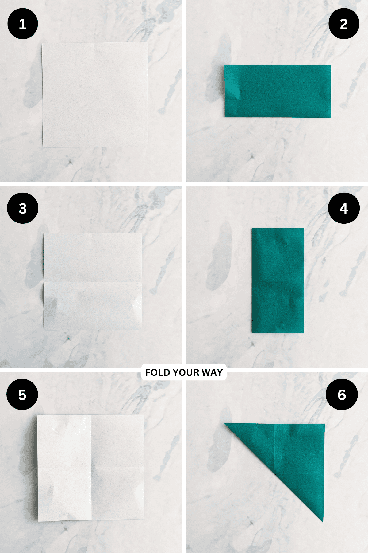 Steps 1 to 6 for folding an origami pinwheel.
