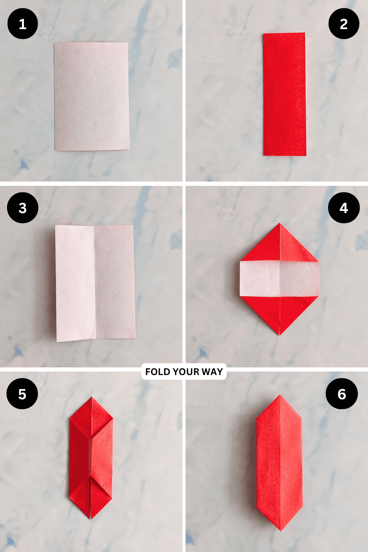 Steps 1 to 6 for folding an origami poinsettia.