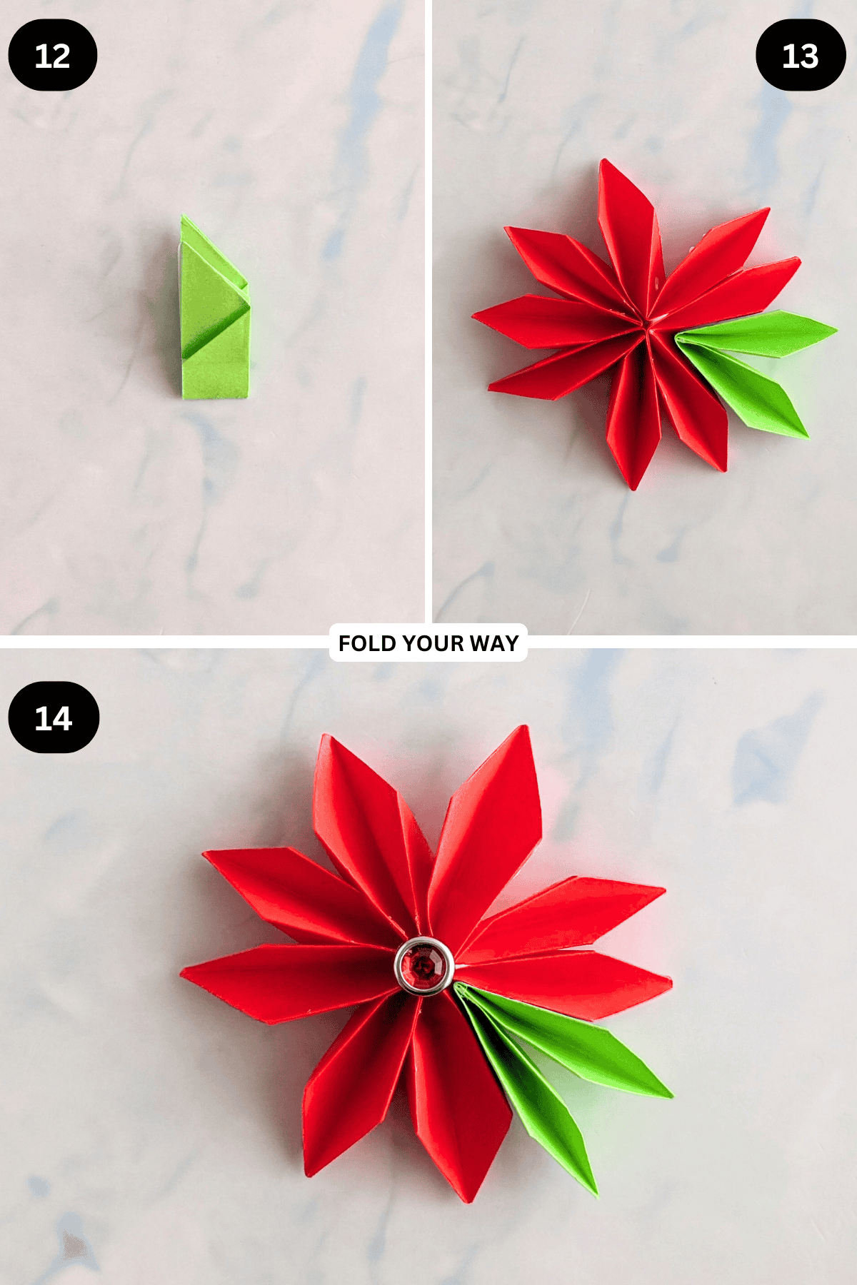 Steps 12 to 14 for folding an origami poinsettia.