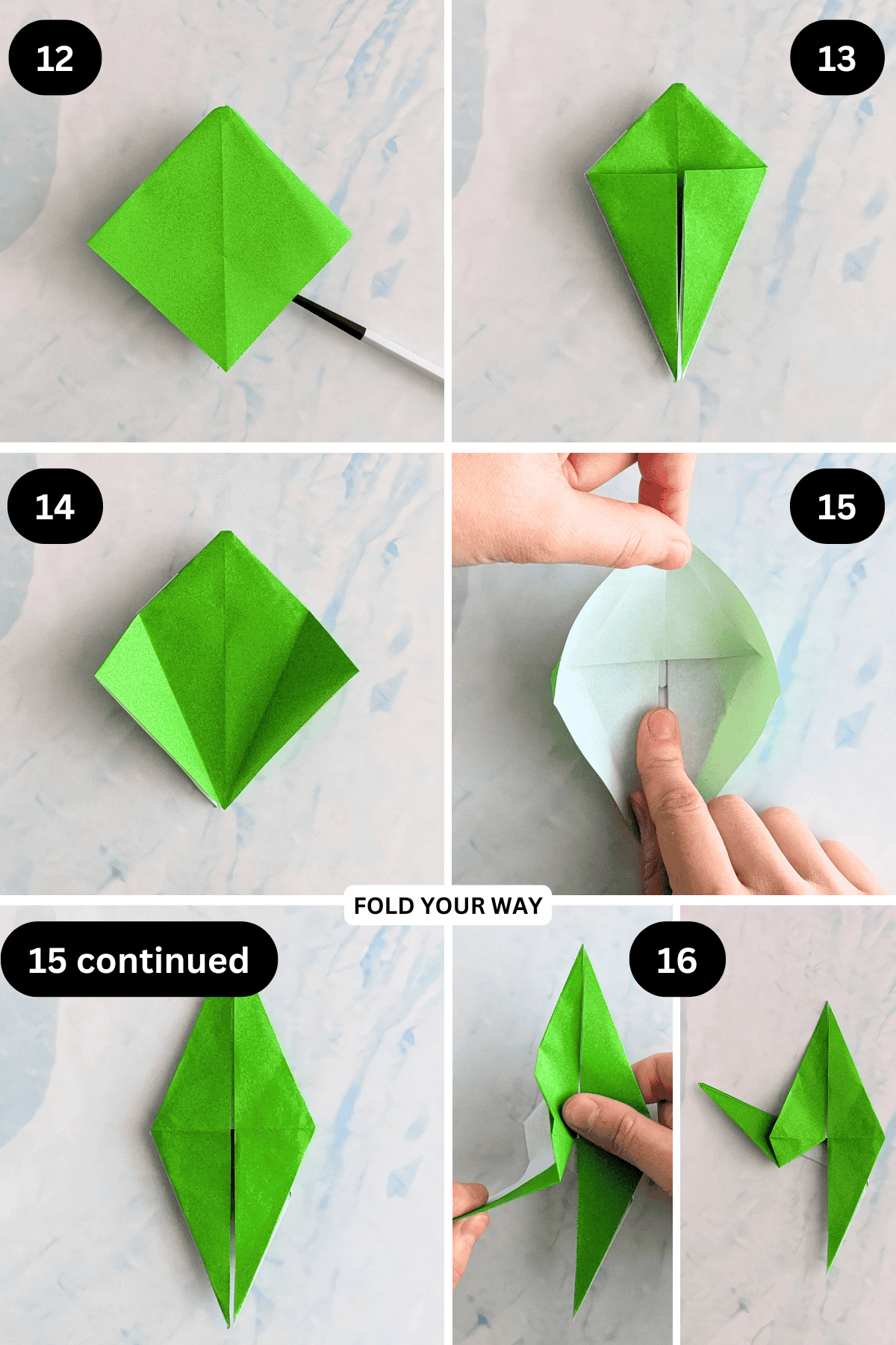 Steps 12 to 16 for folding a crane bookmark.
