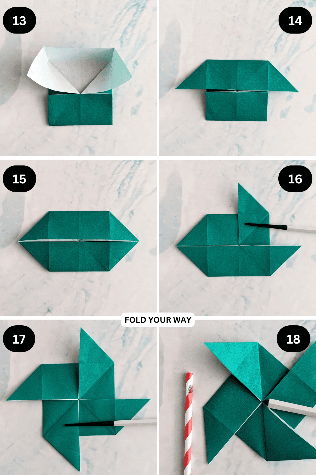 Steps 13 to 18 for folding an origami pinwheel.