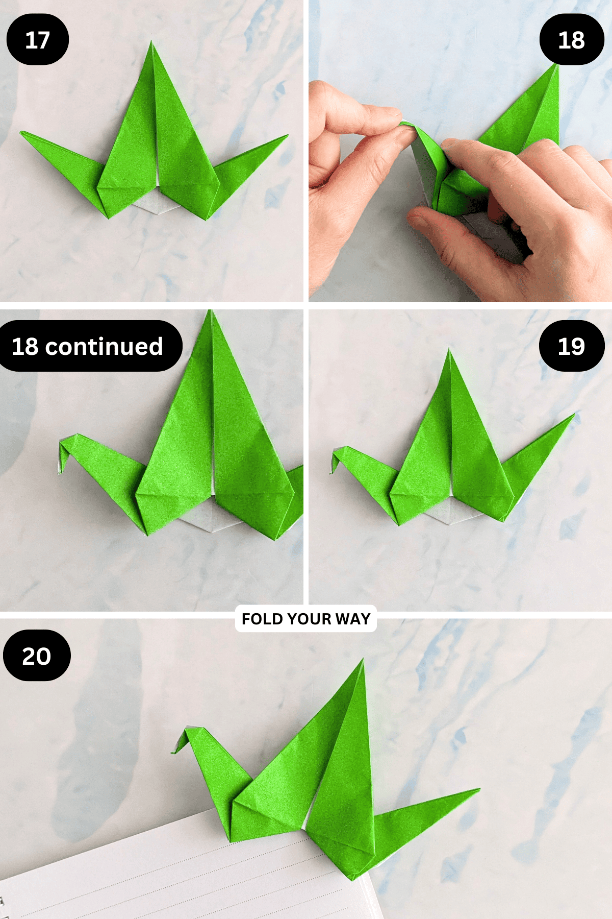 Steps 17 to 20 for folding a crane bookmark.