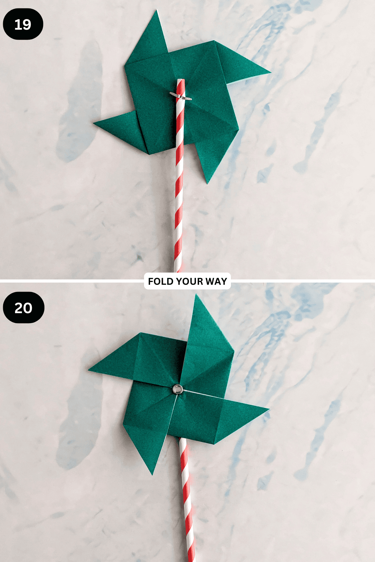 Steps 19 to 20 for folding an origami pinwheel.