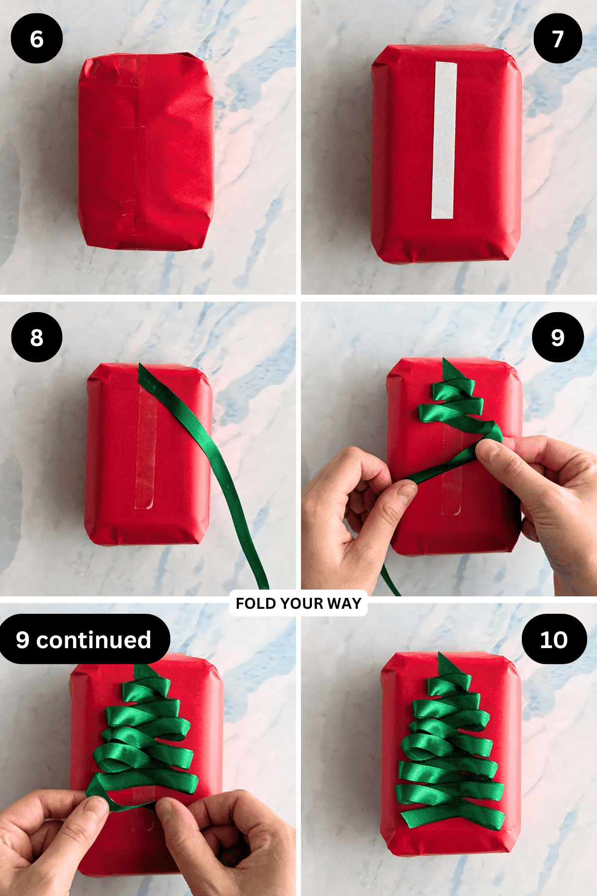 Steps 6 to 10 for wrapping a gift.
