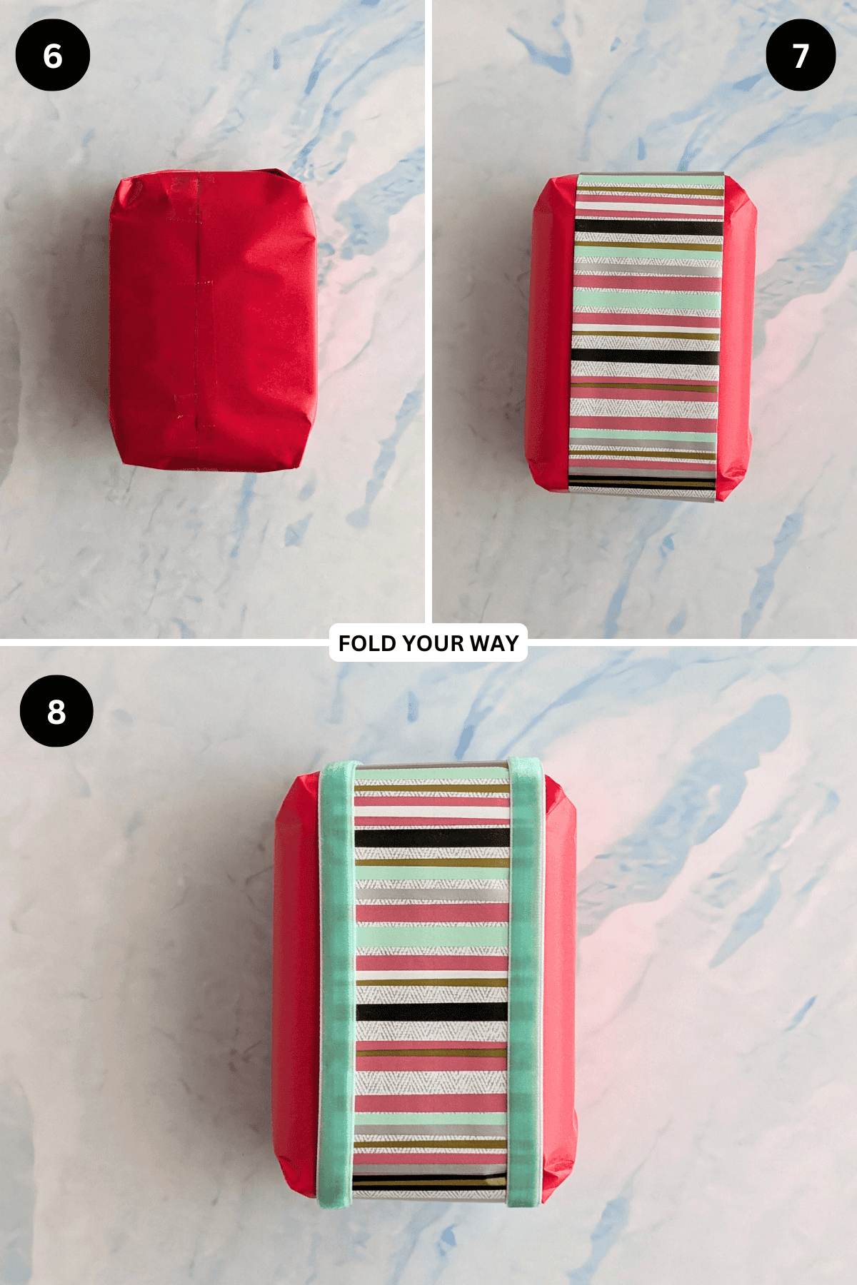 Steps 6 to 8 for wrapping a gift.