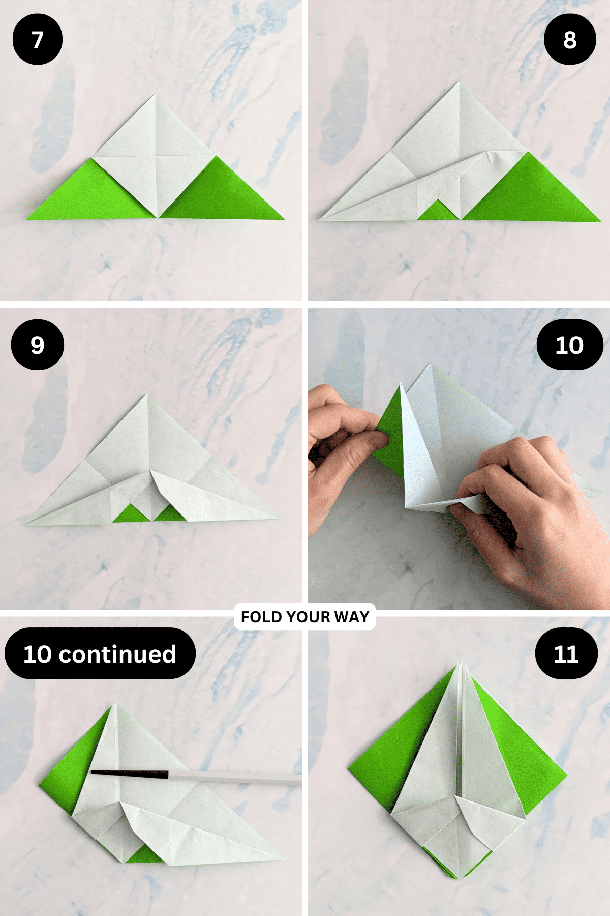 Steps 7 to 11 for folding a crane bookmark.