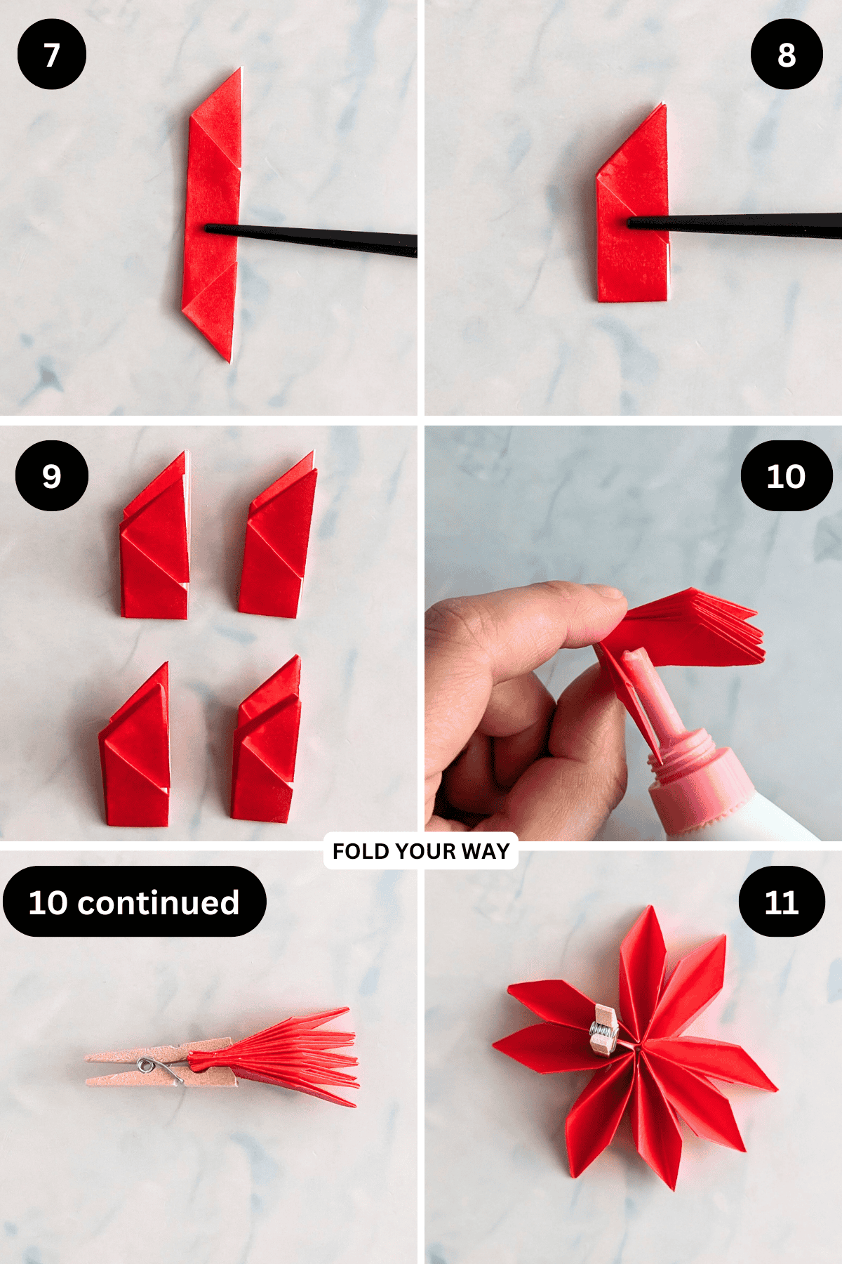Steps 7 to 11 for folding an origami poinsettia.