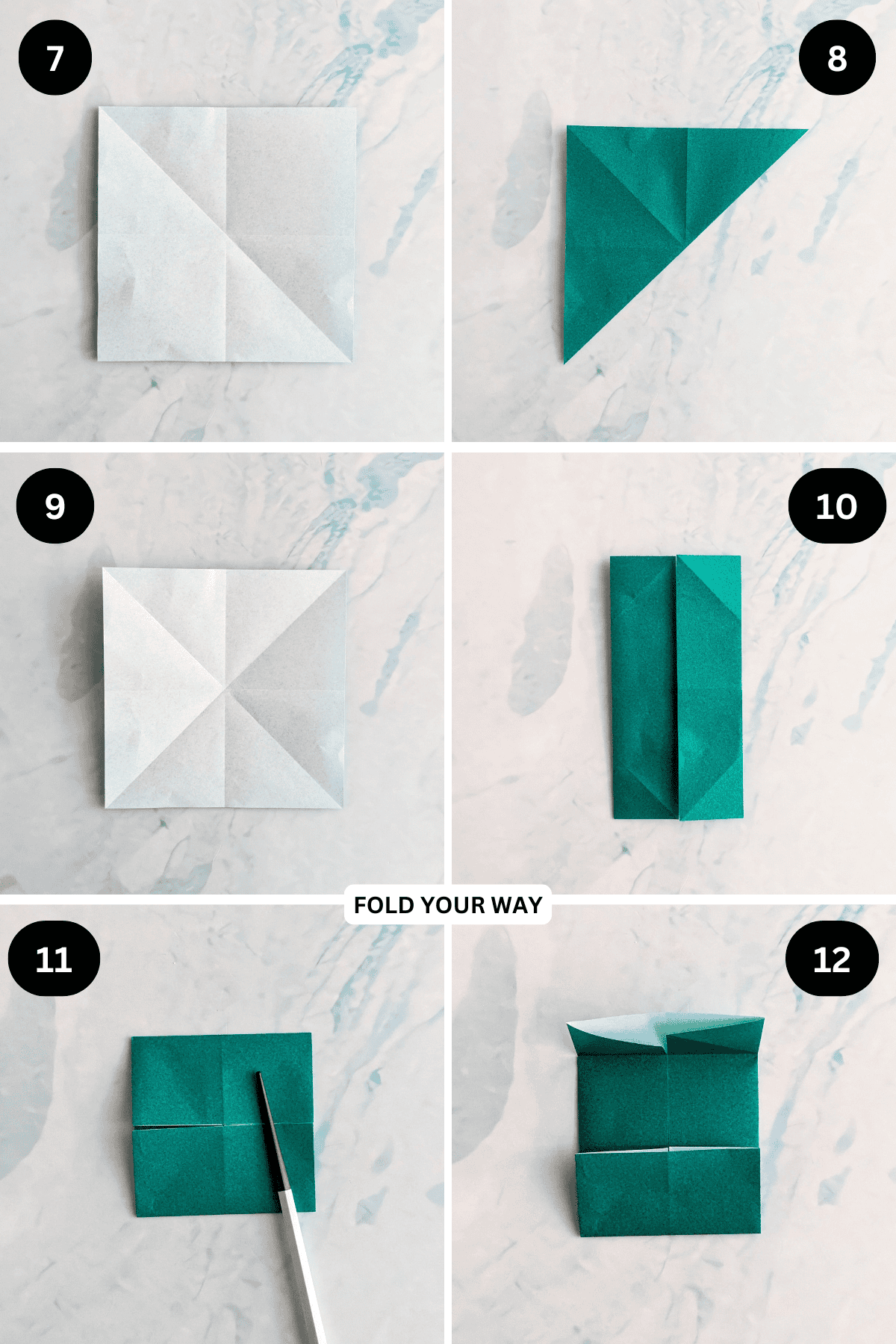 Steps 7 to 12 for folding an origami pinwheel.