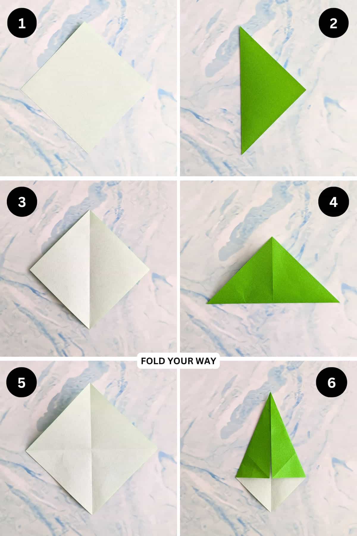 Steps 1 to 6 for making a modular origami Christmas tree.