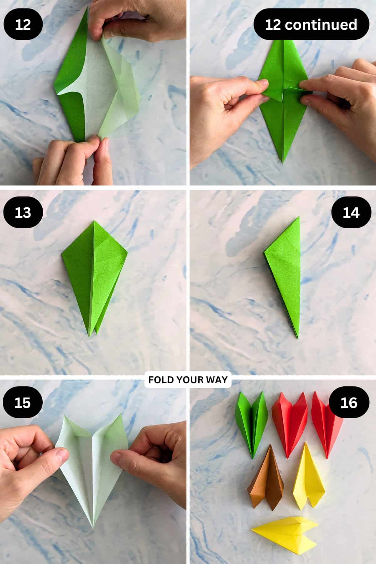 Steps 12 to 16 for making a modular origami Christmas tree.