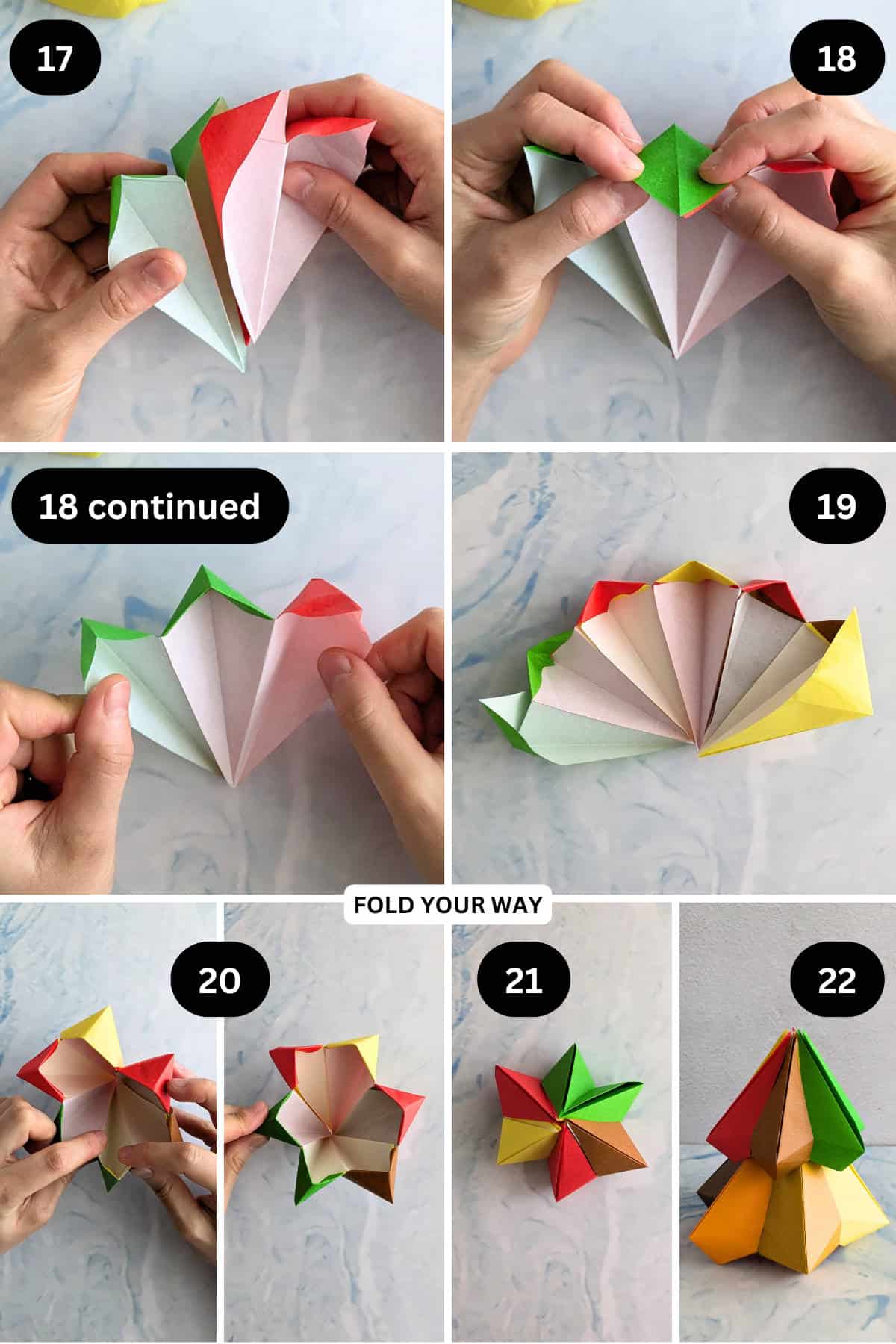 Steps 17 to 22 for making a modular origami Christmas tree.