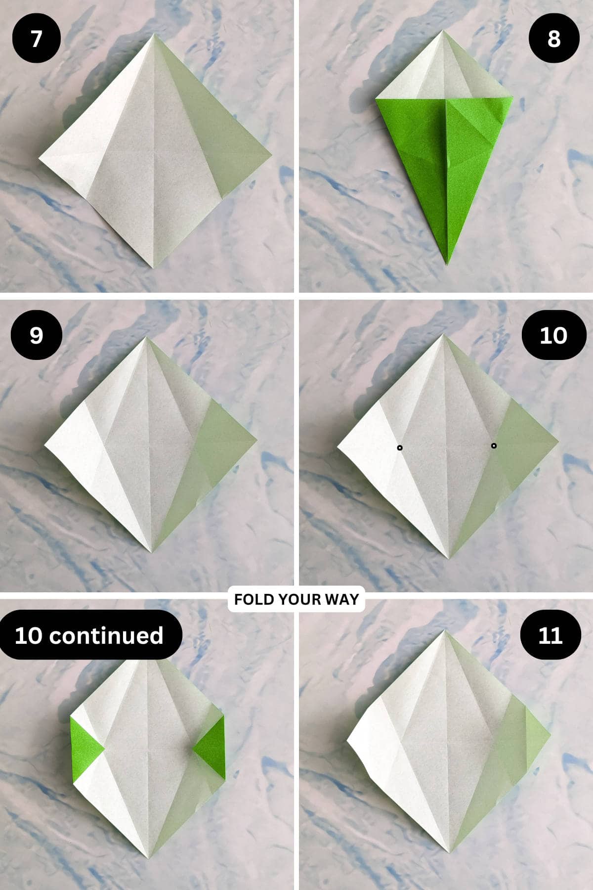 Steps 7 to 11 for making a modular origami Christmas tree.