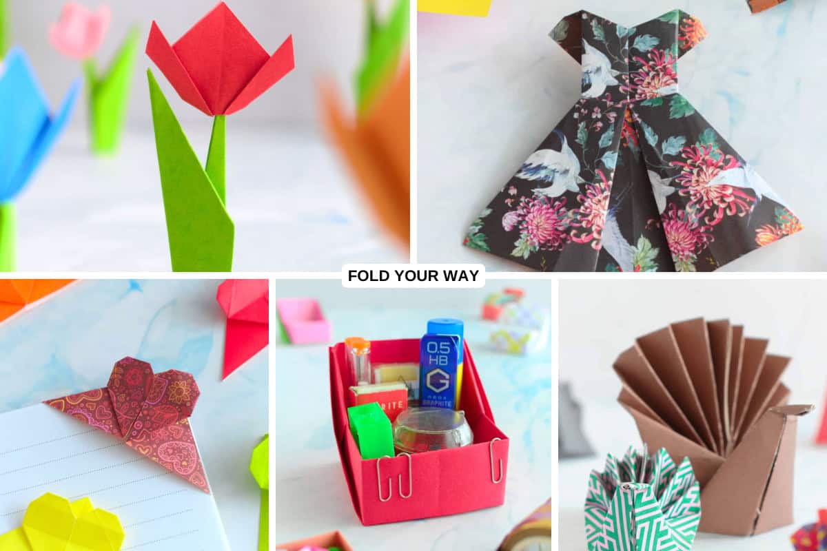 Collage of origami pictures.